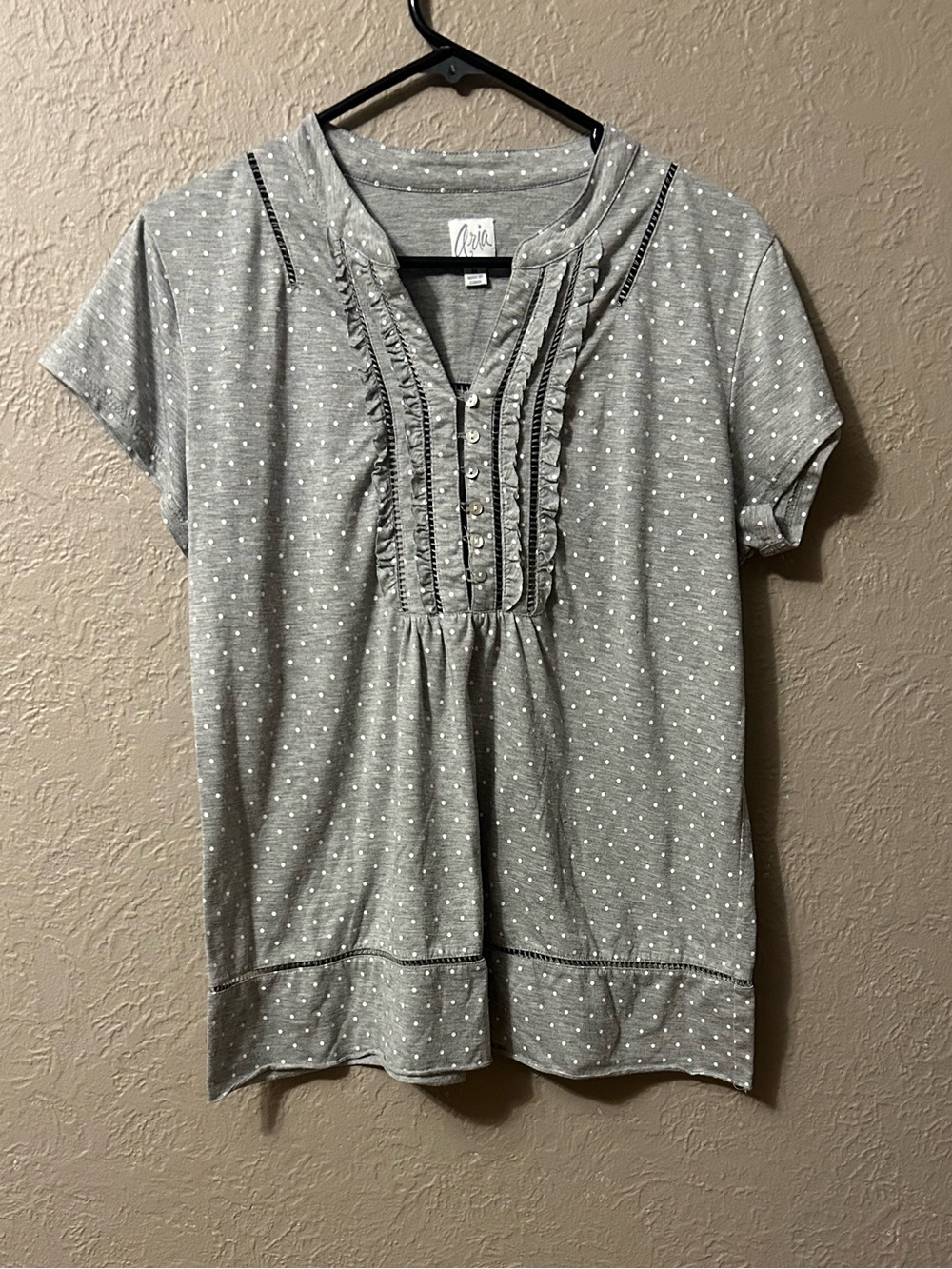 Aria Grey Polka Dot Ruffle-Front Short Sleeve Top